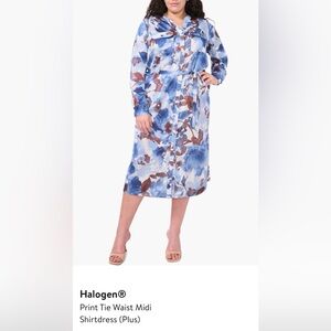 Halogen Blue & Brown Watercolor Print Tie-Waist Midi Dress